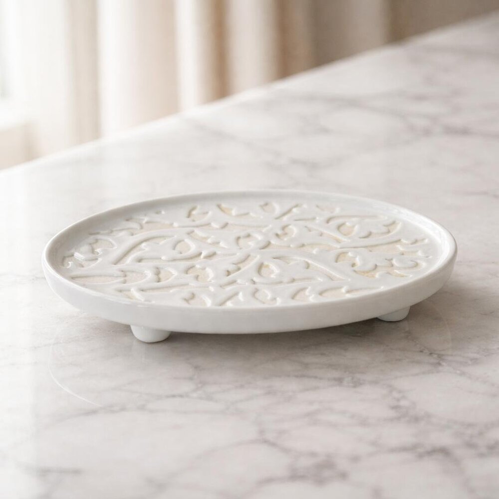 Carved Footed Ceramic Soap Dish White Leaf Design Elegant Bath Decor